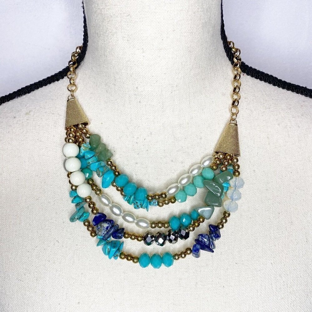 NWOT Egyptian Revival Style Gemstone Beaded Necklace Gold Tone Turquoise Larimar